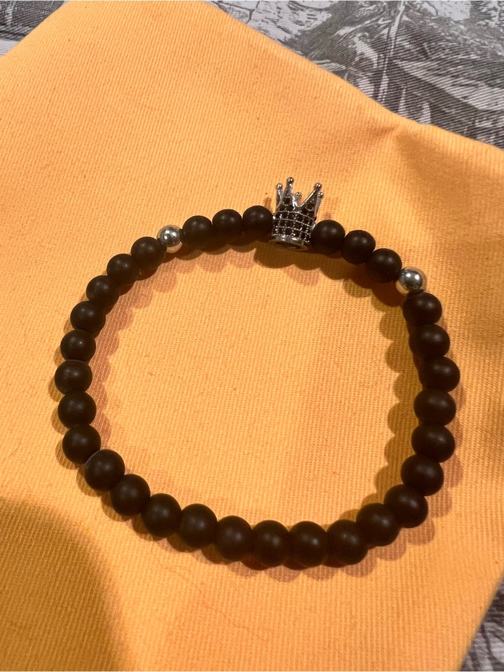 Black Beaded Bracelet with Crown Charm and silver-tone Beads